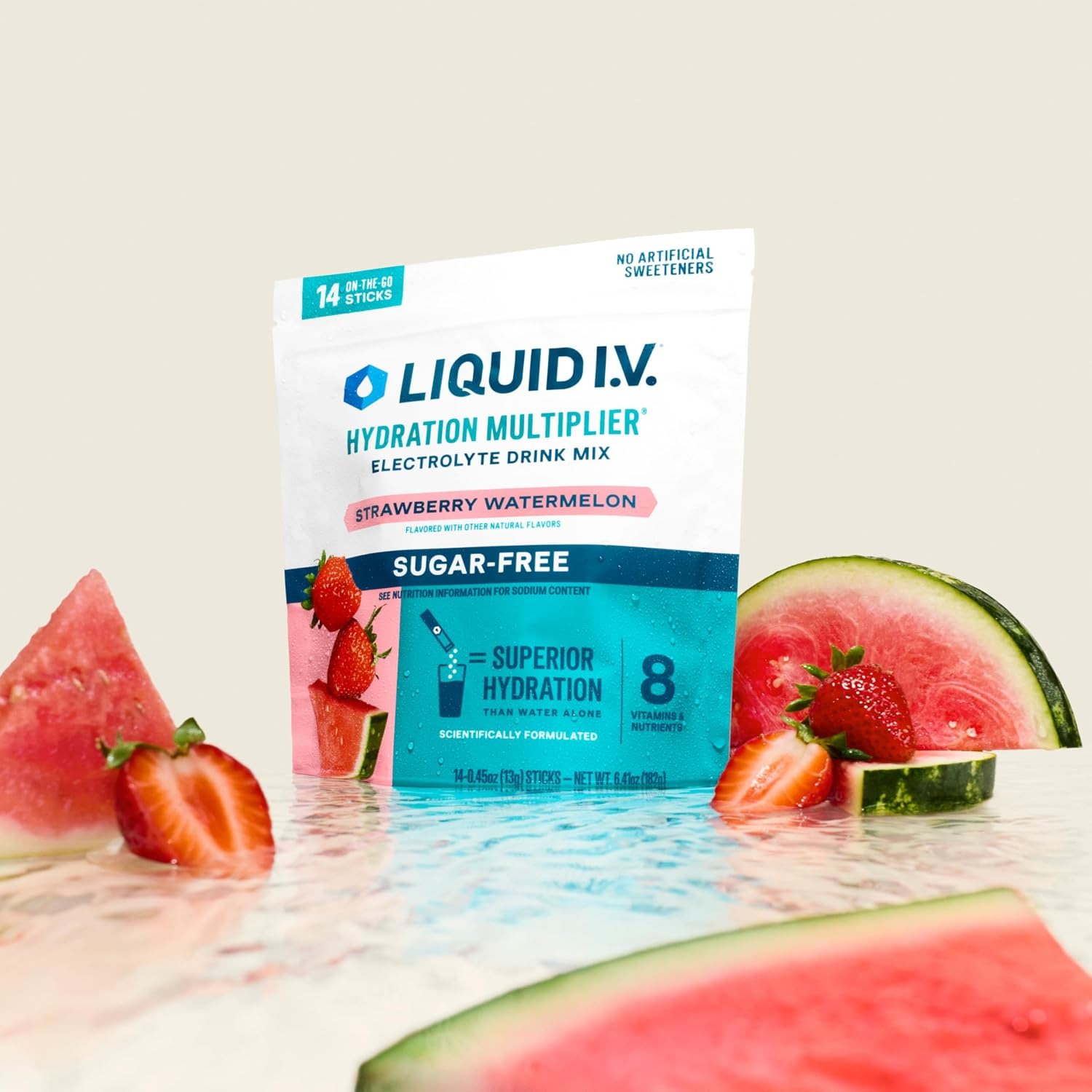 image:imageLiquid IV Hydration Multiplier SugarFree Raspberry Melon Electrolyte Powder Drink Mix 1 Pack 14 ServingsStrawberry Watermelon