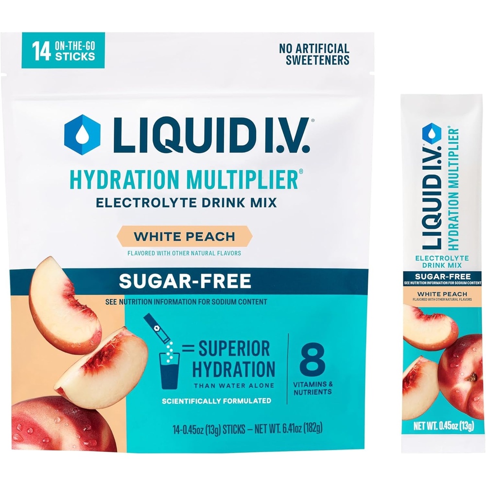 image:imageLiquid IV Hydration Multiplier SugarFree Raspberry Melon Electrolyte Powder Drink Mix 1 Pack 14 ServingsWhite Peach